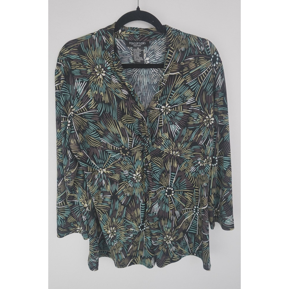 PERCEPTIONS NY Womens Top Size 16 Green Pattern Blouse Floral Print‎ 3/4 Sleeve